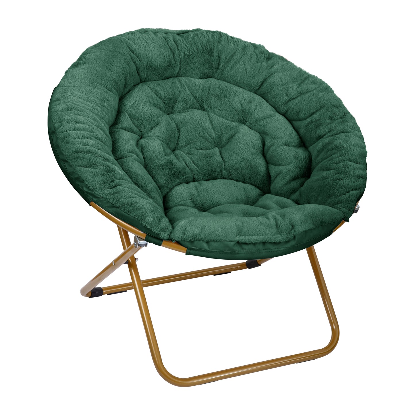 Gwen 38" Oversize Portable Faux Fur Folding Saucer Moon Chair for Dorm and Bedroom, Emerald Faux Fur/Soft Gold Frame Emerald Fabric/ Soft Gold Frame FV-FMC-025-EMRLD-SGD-GG