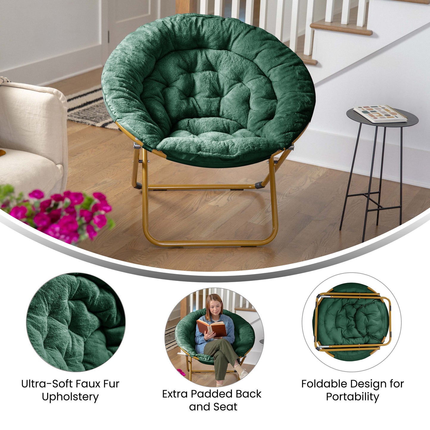 Gwen 38" Oversize Portable Faux Fur Folding Saucer Moon Chair for Dorm and Bedroom, Emerald Faux Fur/Soft Gold Frame Emerald Fabric/ Soft Gold Frame FV-FMC-025-EMRLD-SGD-GG