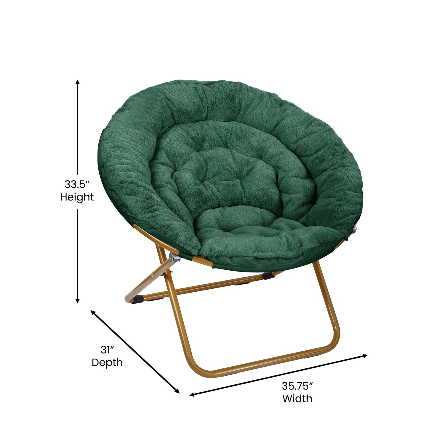 Gwen 38" Oversize Portable Faux Fur Folding Saucer Moon Chair for Dorm and Bedroom, Emerald Faux Fur/Soft Gold Frame Emerald Fabric/ Soft Gold Frame FV-FMC-025-EMRLD-SGD-GG
