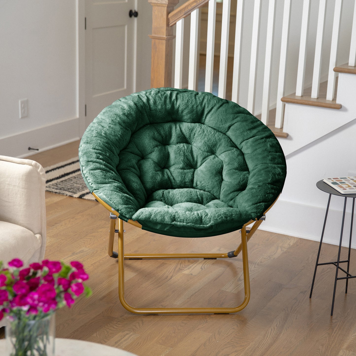 Gwen 38" Oversize Portable Faux Fur Folding Saucer Moon Chair for Dorm and Bedroom, Emerald Faux Fur/Soft Gold Frame Emerald Fabric/ Soft Gold Frame FV-FMC-025-EMRLD-SGD-GG