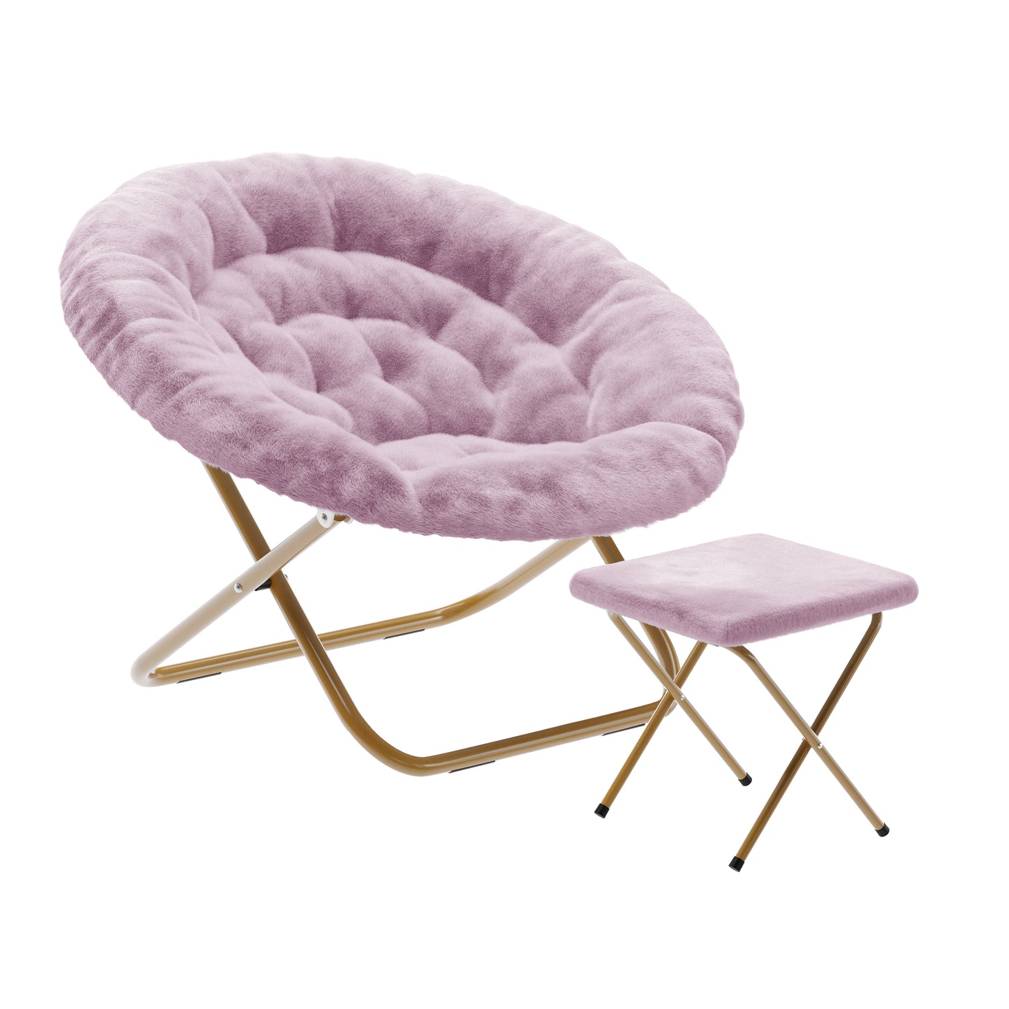 Gwen 38" Oversize Portable Faux Fur Folding Saucer Moon Chair with Folding Ottoman for Dorm and Bedroom, Dusty Purple Faux Fur/Soft Gold Frame Dusty Purple Fabric/Soft Gold Frame FV-FMC-025-FR-DTPRP-SGD-GG