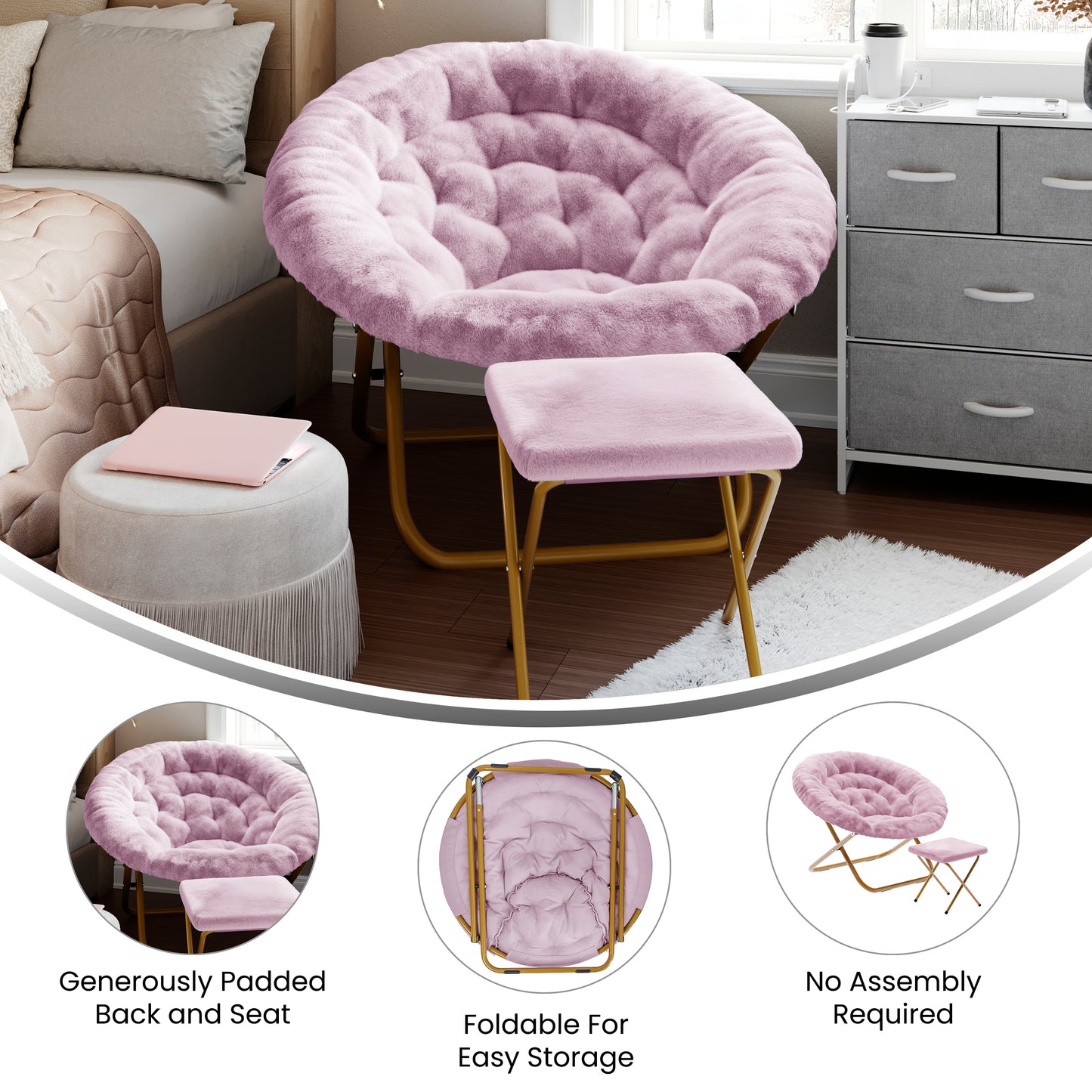 Gwen 38" Oversize Portable Faux Fur Folding Saucer Moon Chair with Folding Ottoman for Dorm and Bedroom, Dusty Purple Faux Fur/Soft Gold Frame Dusty Purple Fabric/Soft Gold Frame FV-FMC-025-FR-DTPRP-SGD-GG