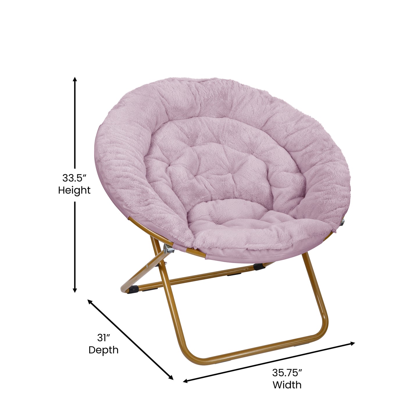 Gwen 38" Oversize Portable Faux Fur Folding Saucer Moon Chair with Folding Ottoman for Dorm and Bedroom, Dusty Purple Faux Fur/Soft Gold Frame Dusty Purple Fabric/Soft Gold Frame FV-FMC-025-FR-DTPRP-SGD-GG