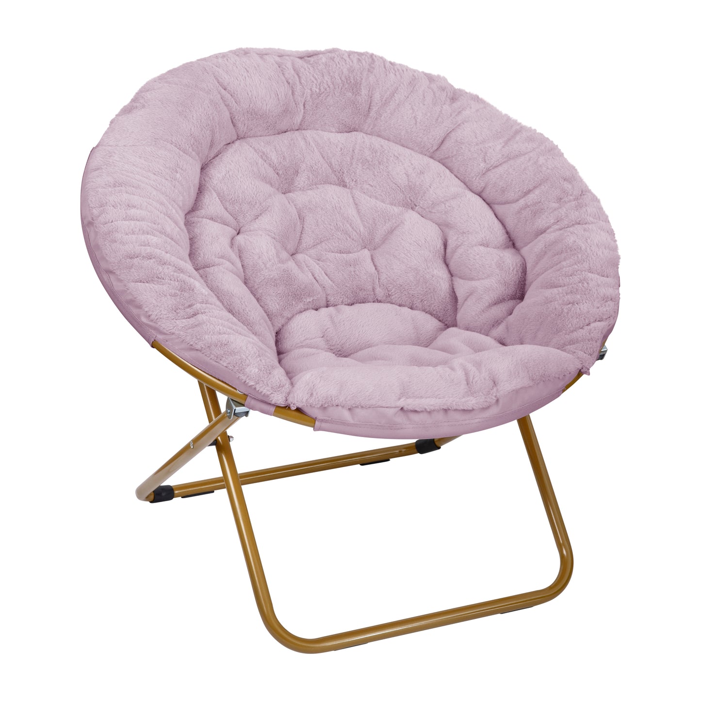 Gwen 38" Oversize Portable Faux Fur Folding Saucer Moon Chair with Folding Ottoman for Dorm and Bedroom, Dusty Purple Faux Fur/Soft Gold Frame Dusty Purple Fabric/Soft Gold Frame FV-FMC-025-FR-DTPRP-SGD-GG