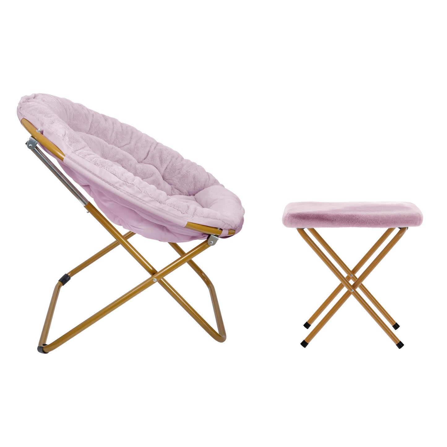 Gwen 38" Oversize Portable Faux Fur Folding Saucer Moon Chair with Folding Ottoman for Dorm and Bedroom, Dusty Purple Faux Fur/Soft Gold Frame Dusty Purple Fabric/Soft Gold Frame FV-FMC-025-FR-DTPRP-SGD-GG