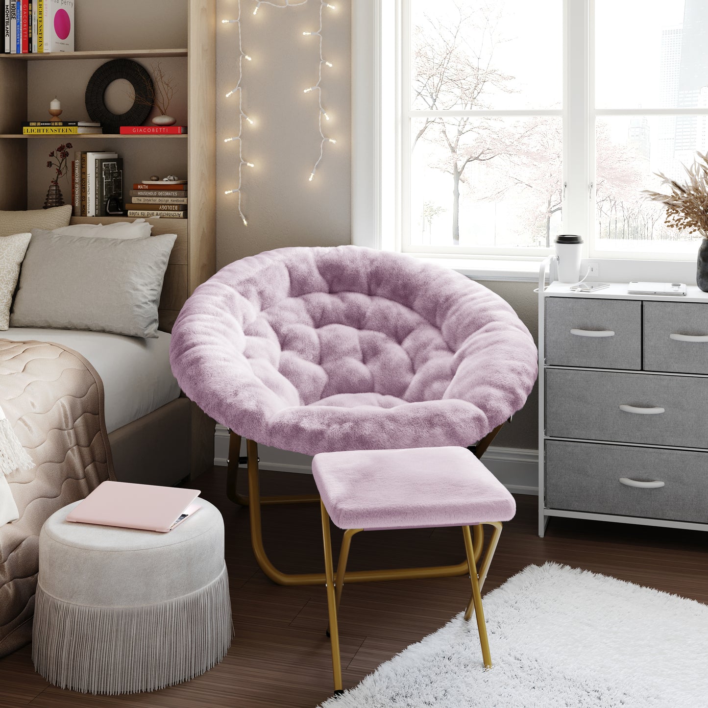 Gwen 38" Oversize Portable Faux Fur Folding Saucer Moon Chair with Folding Ottoman for Dorm and Bedroom, Dusty Purple Faux Fur/Soft Gold Frame Dusty Purple Fabric/Soft Gold Frame FV-FMC-025-FR-DTPRP-SGD-GG