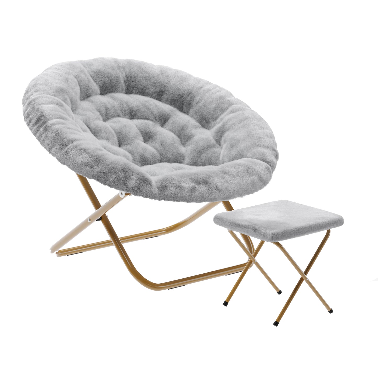 Gwen 38" Oversize Portable Faux Fur Folding Saucer Moon Chair with Folding Ottoman for Dorm and Bedroom, Gray Faux Fur/Soft Gold Frame Gray Fabric/Soft Gold Frame