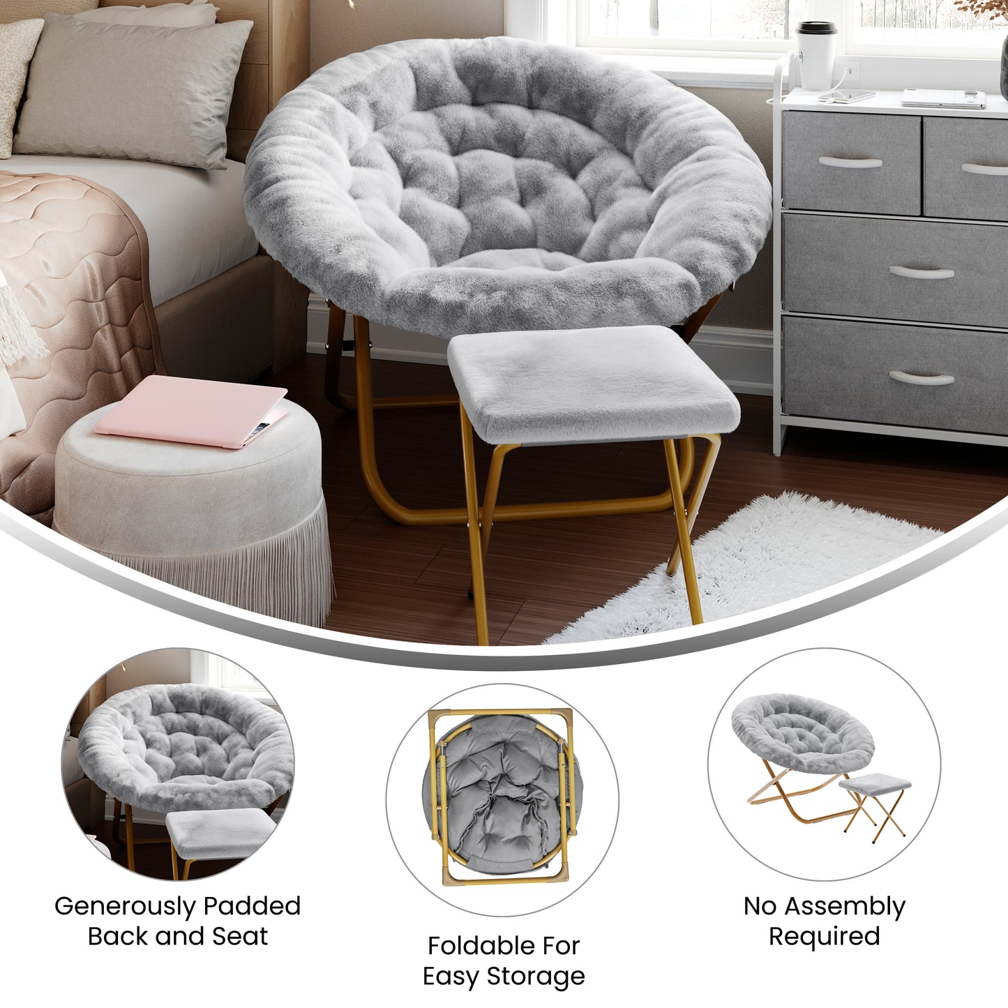 Gwen 38" Oversize Portable Faux Fur Folding Saucer Moon Chair with Folding Ottoman for Dorm and Bedroom, Gray Faux Fur/Soft Gold Frame Gray Fabric/Soft Gold Frame