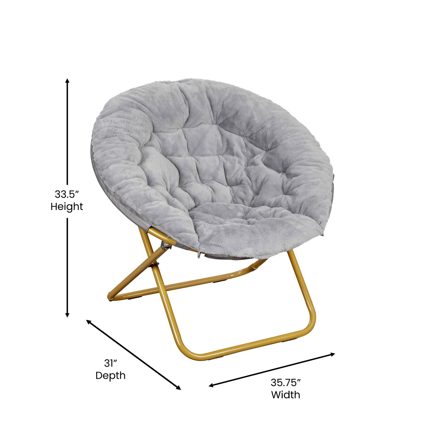 Gwen 38" Oversize Portable Faux Fur Folding Saucer Moon Chair with Folding Ottoman for Dorm and Bedroom, Gray Faux Fur/Soft Gold Frame Gray Fabric/Soft Gold Frame