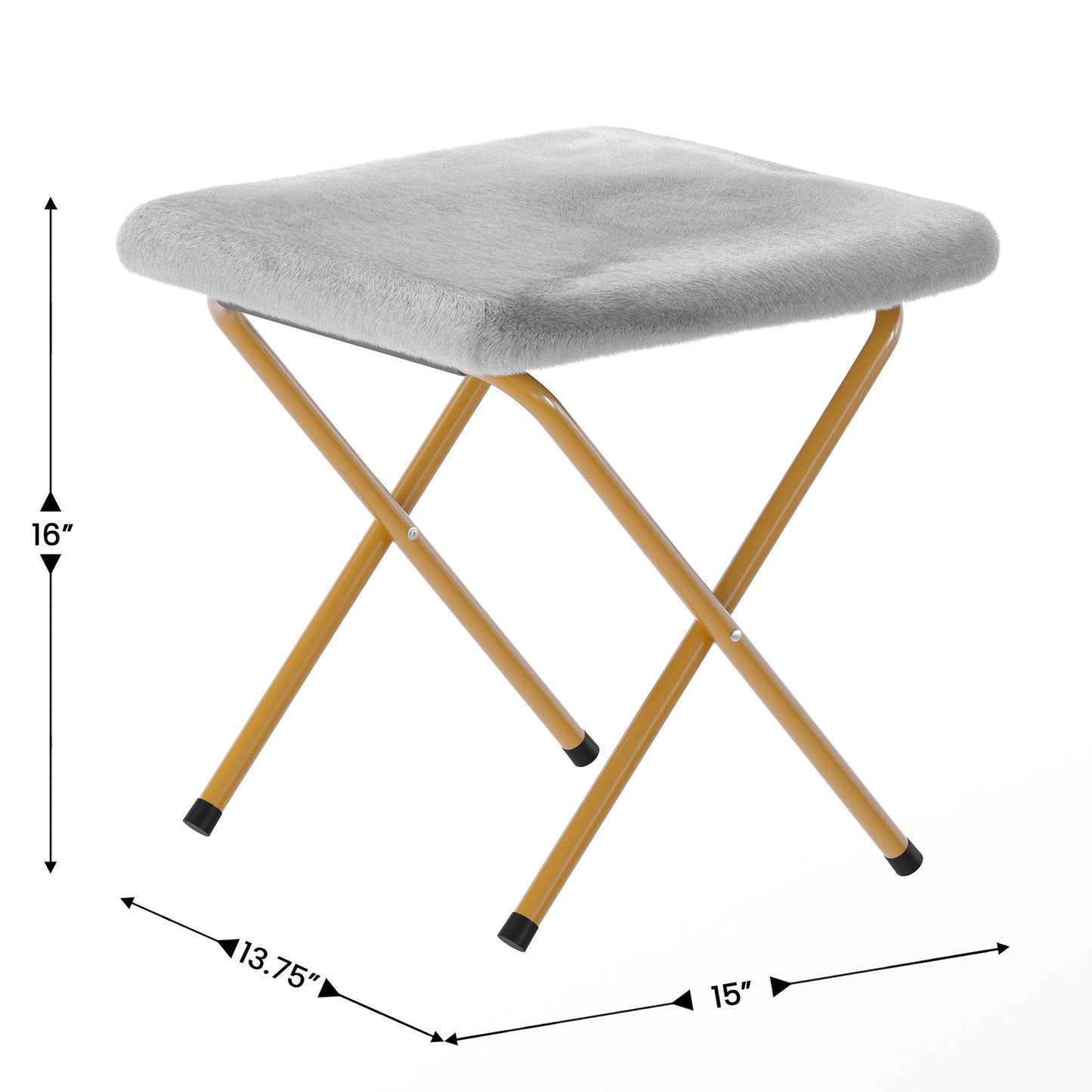 Gwen 38" Oversize Portable Faux Fur Folding Saucer Moon Chair with Folding Ottoman for Dorm and Bedroom, Gray Faux Fur/Soft Gold Frame Gray Fabric/Soft Gold Frame