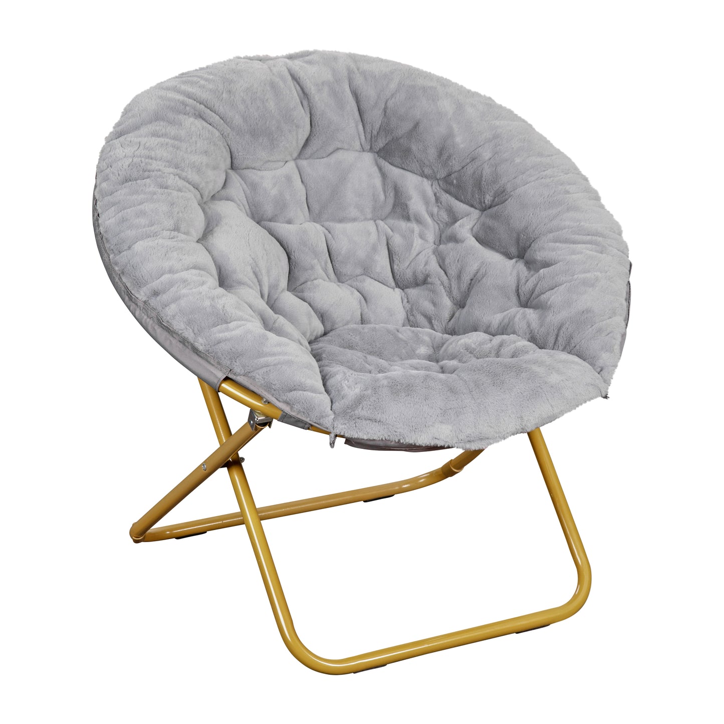 Gwen 38" Oversize Portable Faux Fur Folding Saucer Moon Chair with Folding Ottoman for Dorm and Bedroom, Gray Faux Fur/Soft Gold Frame Gray Fabric/Soft Gold Frame