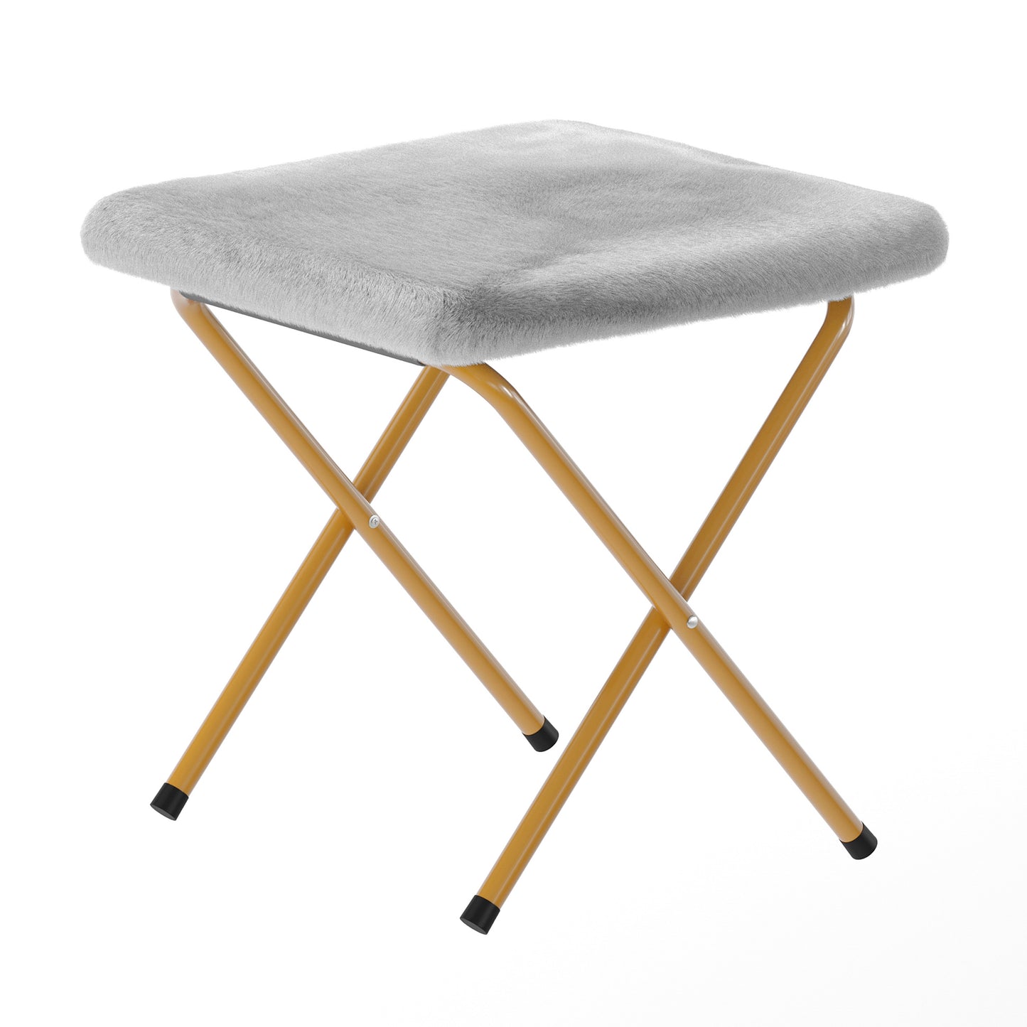 Gwen 38" Oversize Portable Faux Fur Folding Saucer Moon Chair with Folding Ottoman for Dorm and Bedroom, Gray Faux Fur/Soft Gold Frame Gray Fabric/Soft Gold Frame