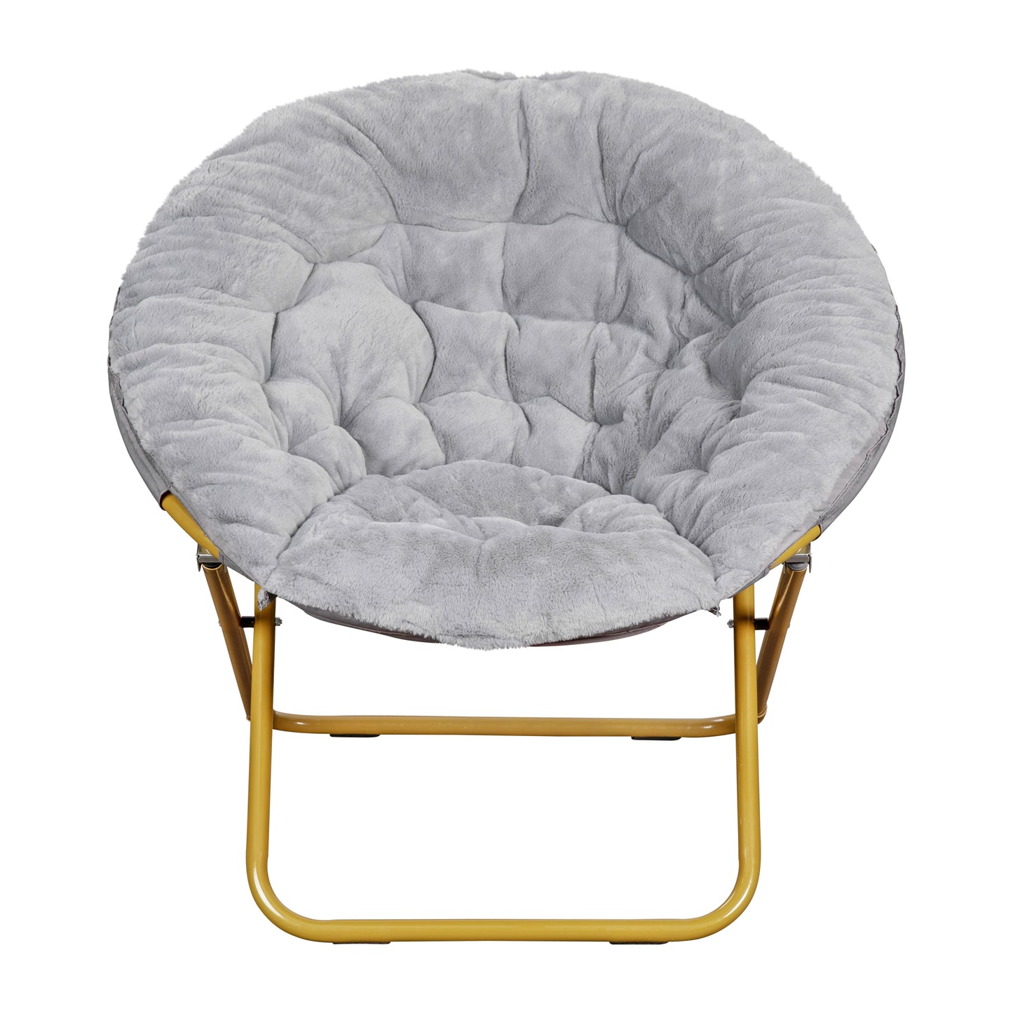 Gwen 38" Oversize Portable Faux Fur Folding Saucer Moon Chair with Folding Ottoman for Dorm and Bedroom, Gray Faux Fur/Soft Gold Frame Gray Fabric/Soft Gold Frame