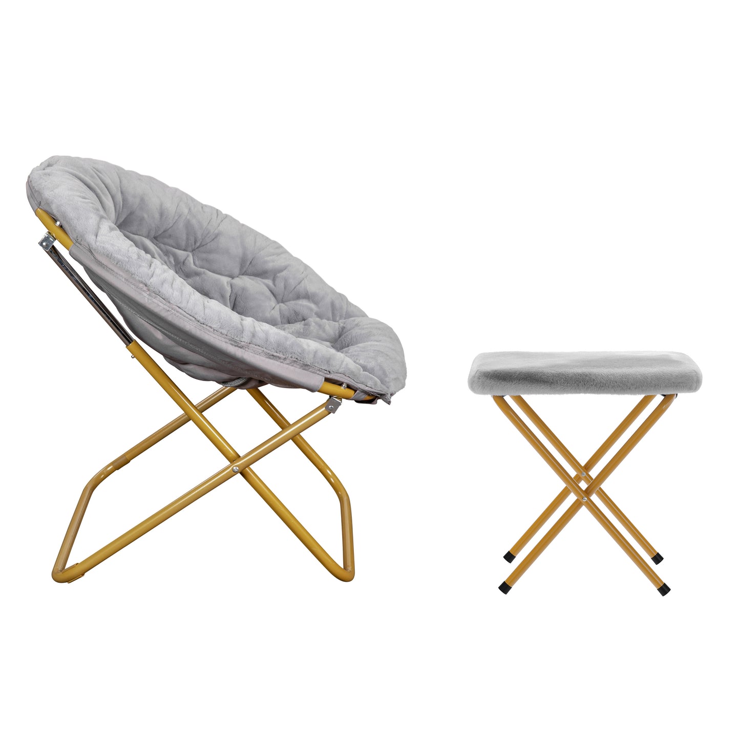 Gwen 38" Oversize Portable Faux Fur Folding Saucer Moon Chair with Folding Ottoman for Dorm and Bedroom, Gray Faux Fur/Soft Gold Frame Gray Fabric/Soft Gold Frame