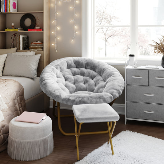 Gwen 38" Oversize Portable Faux Fur Folding Saucer Moon Chair with Folding Ottoman for Dorm and Bedroom, Gray Faux Fur/Soft Gold Frame Gray Fabric/Soft Gold Frame