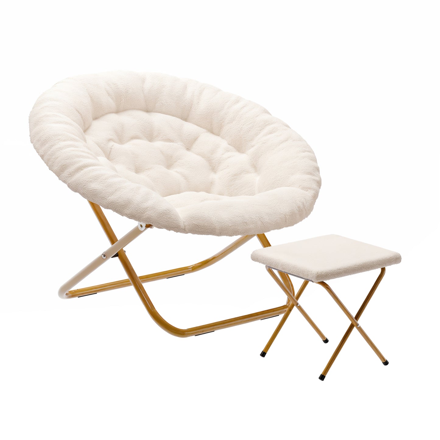 Gwen 38" Oversize Portable Faux Shearling Folding Saucer Moon Chair with Folding Ottoman for Dorm and Bedroom, Ivory Faux Shearling/Soft Gold Frame Ivory Faux Shearling Fabric/Soft Gold Frame