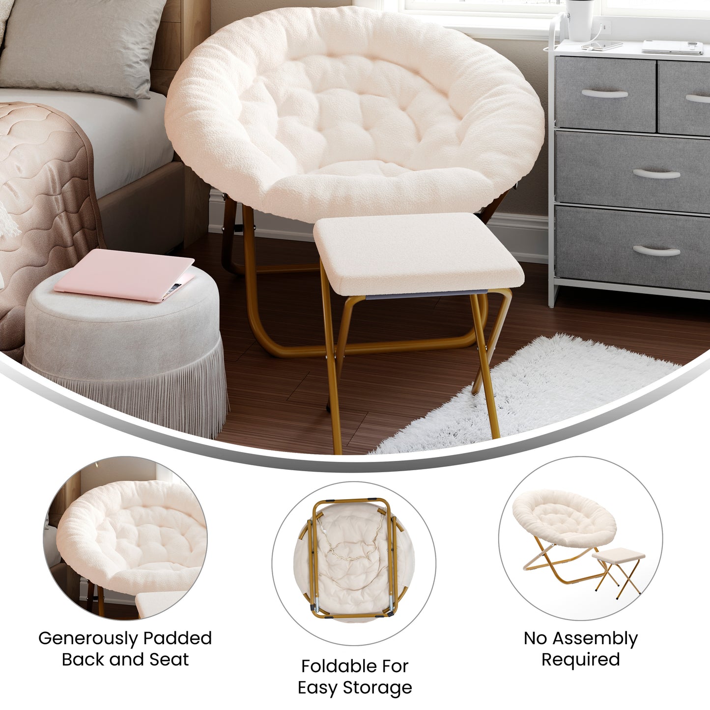 Gwen 38" Oversize Portable Faux Shearling Folding Saucer Moon Chair with Folding Ottoman for Dorm and Bedroom, Ivory Faux Shearling/Soft Gold Frame Ivory Faux Shearling Fabric/Soft Gold Frame