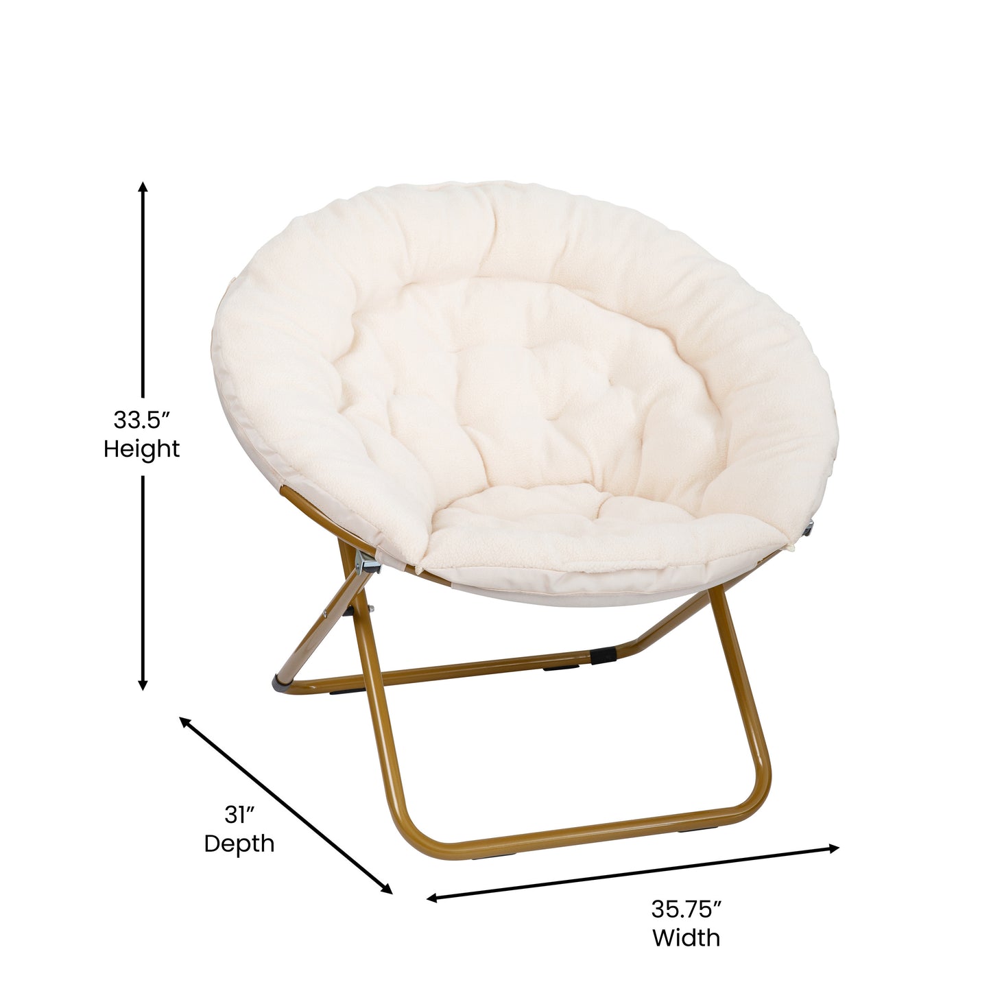 Gwen 38" Oversize Portable Faux Shearling Folding Saucer Moon Chair with Folding Ottoman for Dorm and Bedroom, Ivory Faux Shearling/Soft Gold Frame Ivory Faux Shearling Fabric/Soft Gold Frame