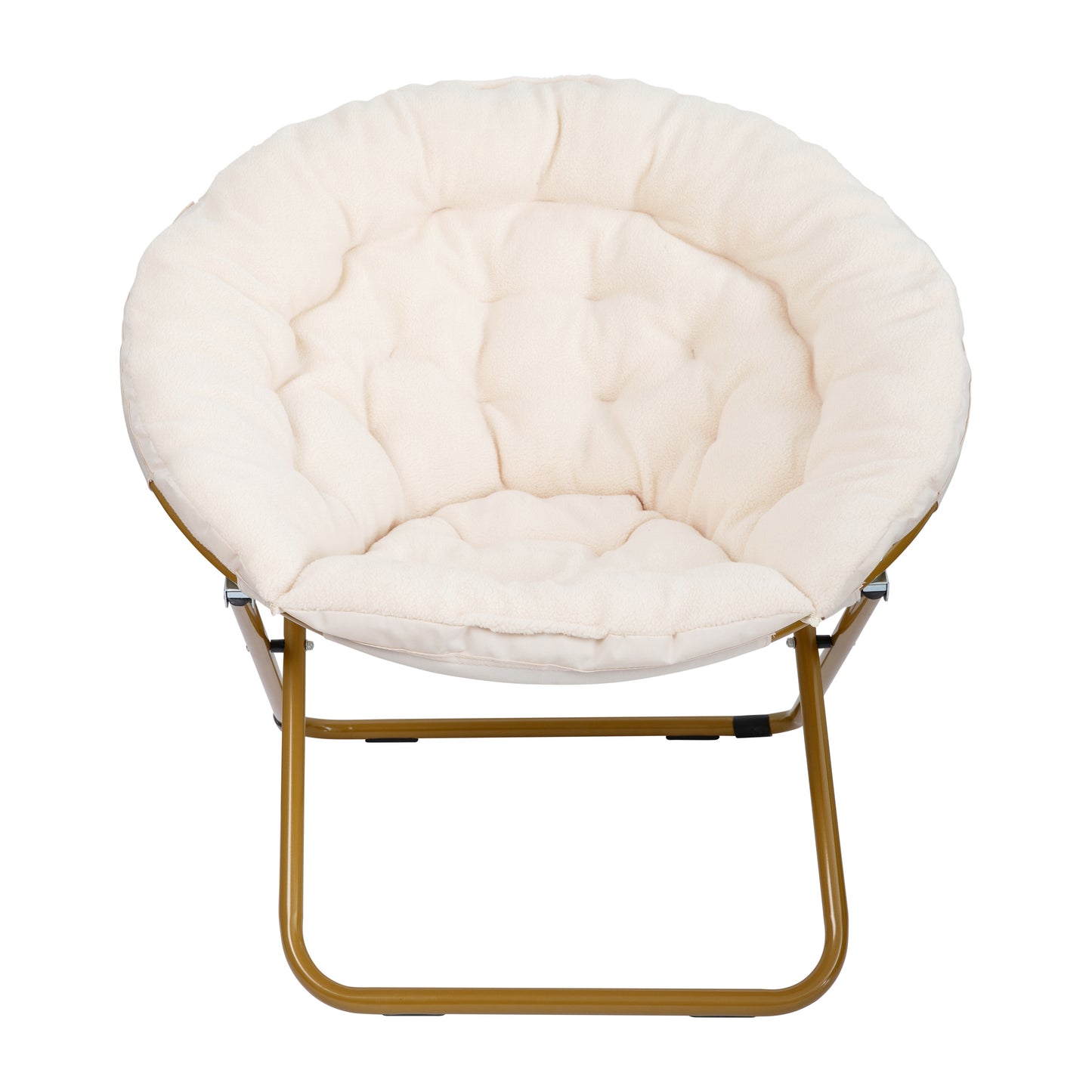Gwen 38" Oversize Portable Faux Shearling Folding Saucer Moon Chair with Folding Ottoman for Dorm and Bedroom, Ivory Faux Shearling/Soft Gold Frame Ivory Faux Shearling Fabric/Soft Gold Frame