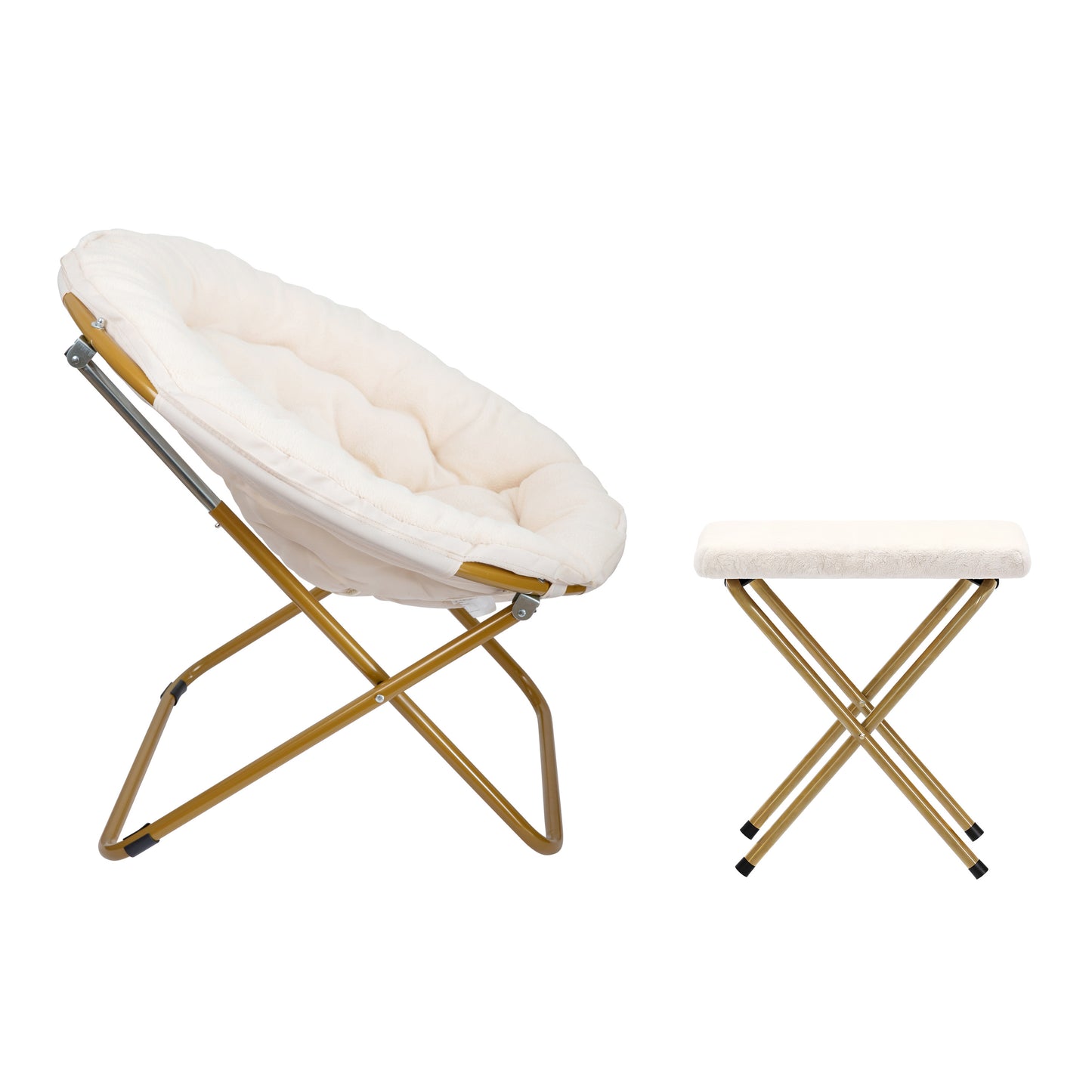 Gwen 38" Oversize Portable Faux Shearling Folding Saucer Moon Chair with Folding Ottoman for Dorm and Bedroom, Ivory Faux Shearling/Soft Gold Frame Ivory Faux Shearling Fabric/Soft Gold Frame