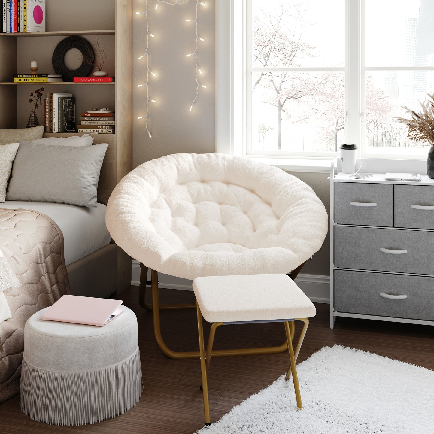 Gwen 38" Oversize Portable Faux Shearling Folding Saucer Moon Chair with Folding Ottoman for Dorm and Bedroom, Ivory Faux Shearling/Soft Gold Frame Ivory Faux Shearling Fabric/Soft Gold Frame