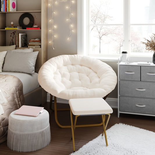 Gwen 38" Oversize Portable Faux Shearling Folding Saucer Moon Chair with Folding Ottoman for Dorm and Bedroom, Ivory Faux Shearling/Soft Gold Frame Ivory Faux Shearling Fabric/Soft Gold Frame