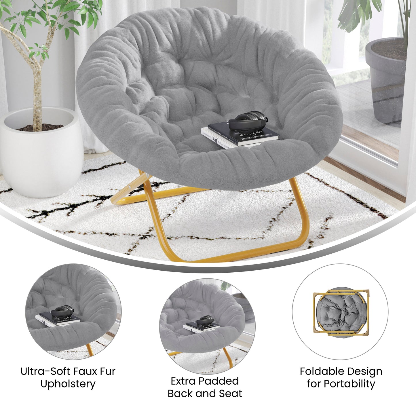 Gwen 38" Oversize Portable Faux Fur Folding Saucer Moon Chair for Dorm and Bedroom, Gray Faux Fur/Soft Gold Frame Gray Faux Fur/Soft Gold Frame