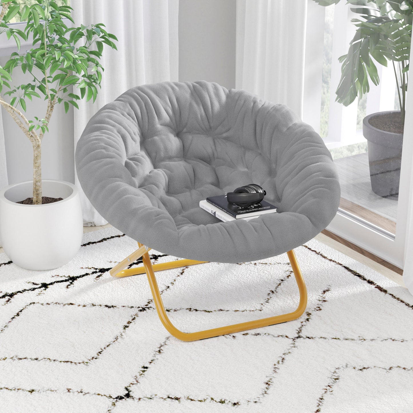 Gwen 38" Oversize Portable Faux Fur Folding Saucer Moon Chair for Dorm and Bedroom, Gray Faux Fur/Soft Gold Frame Gray Faux Fur/Soft Gold Frame