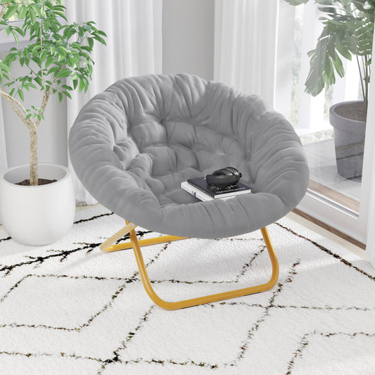 Gwen 38" Oversize Portable Faux Fur Folding Saucer Moon Chair for Dorm and Bedroom, Gray Faux Fur/Soft Gold Frame Gray Faux Fur/Soft Gold Frame