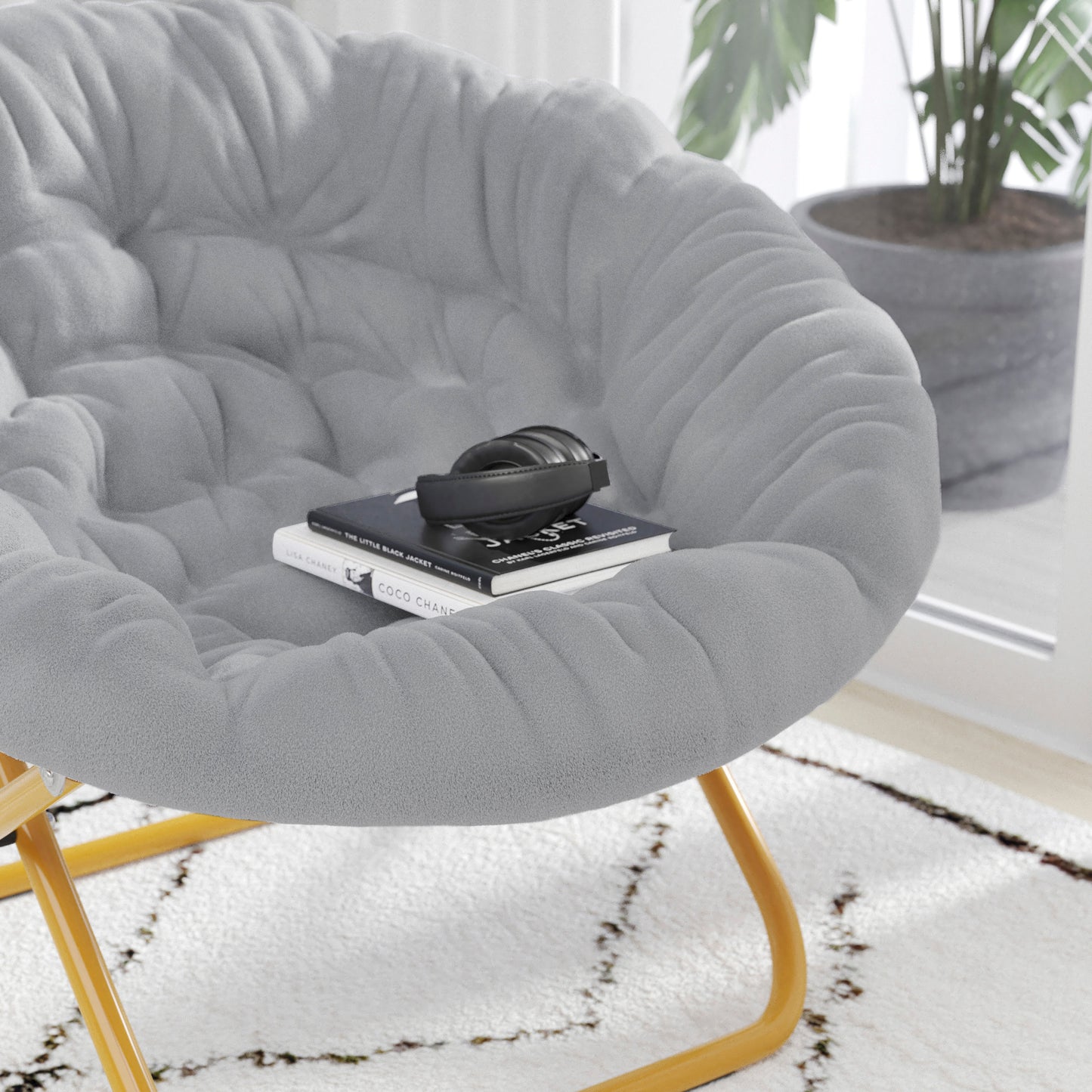 Gwen 38" Oversize Portable Faux Fur Folding Saucer Moon Chair for Dorm and Bedroom, Gray Faux Fur/Soft Gold Frame Gray Faux Fur/Soft Gold Frame