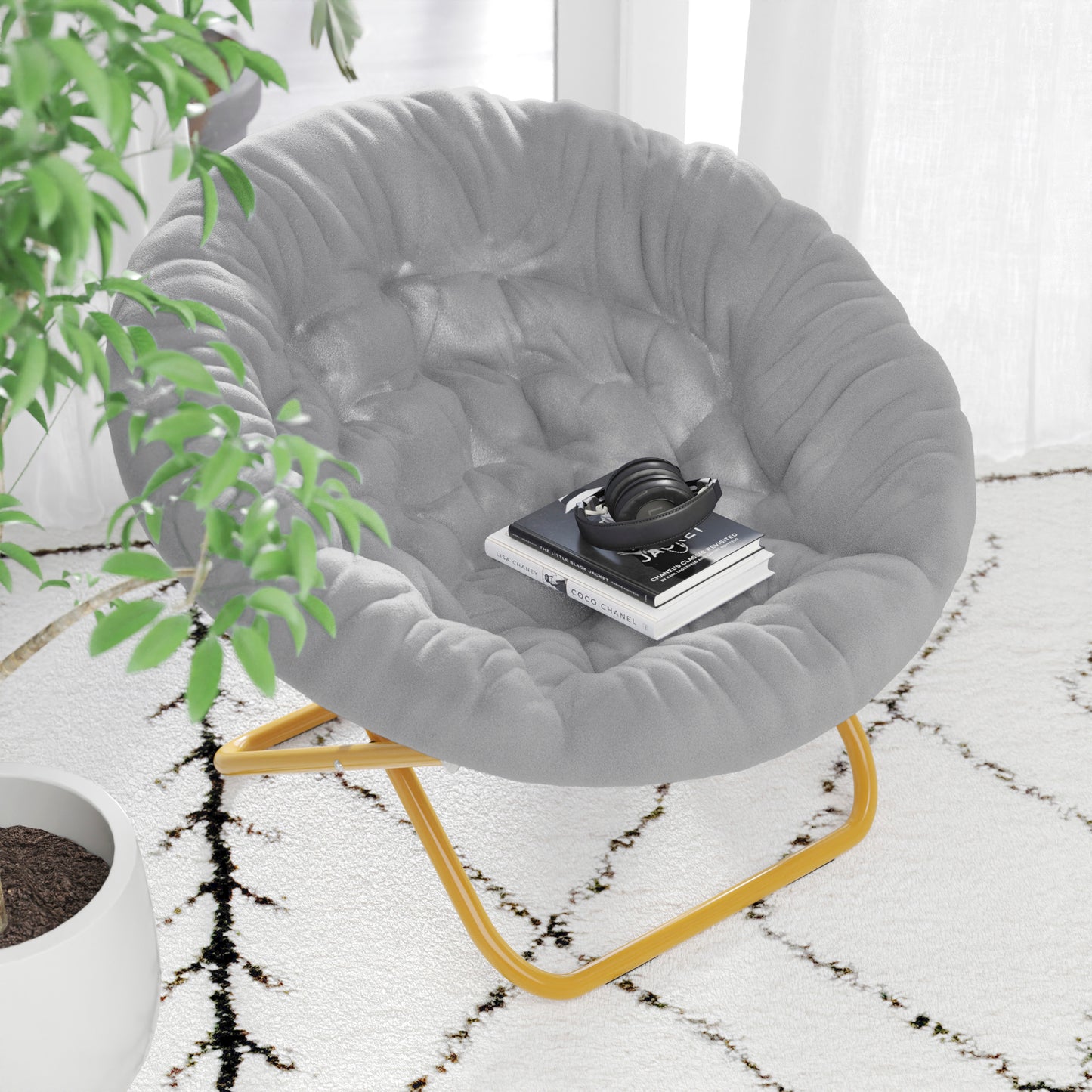 Gwen 38" Oversize Portable Faux Fur Folding Saucer Moon Chair for Dorm and Bedroom, Gray Faux Fur/Soft Gold Frame Gray Faux Fur/Soft Gold Frame