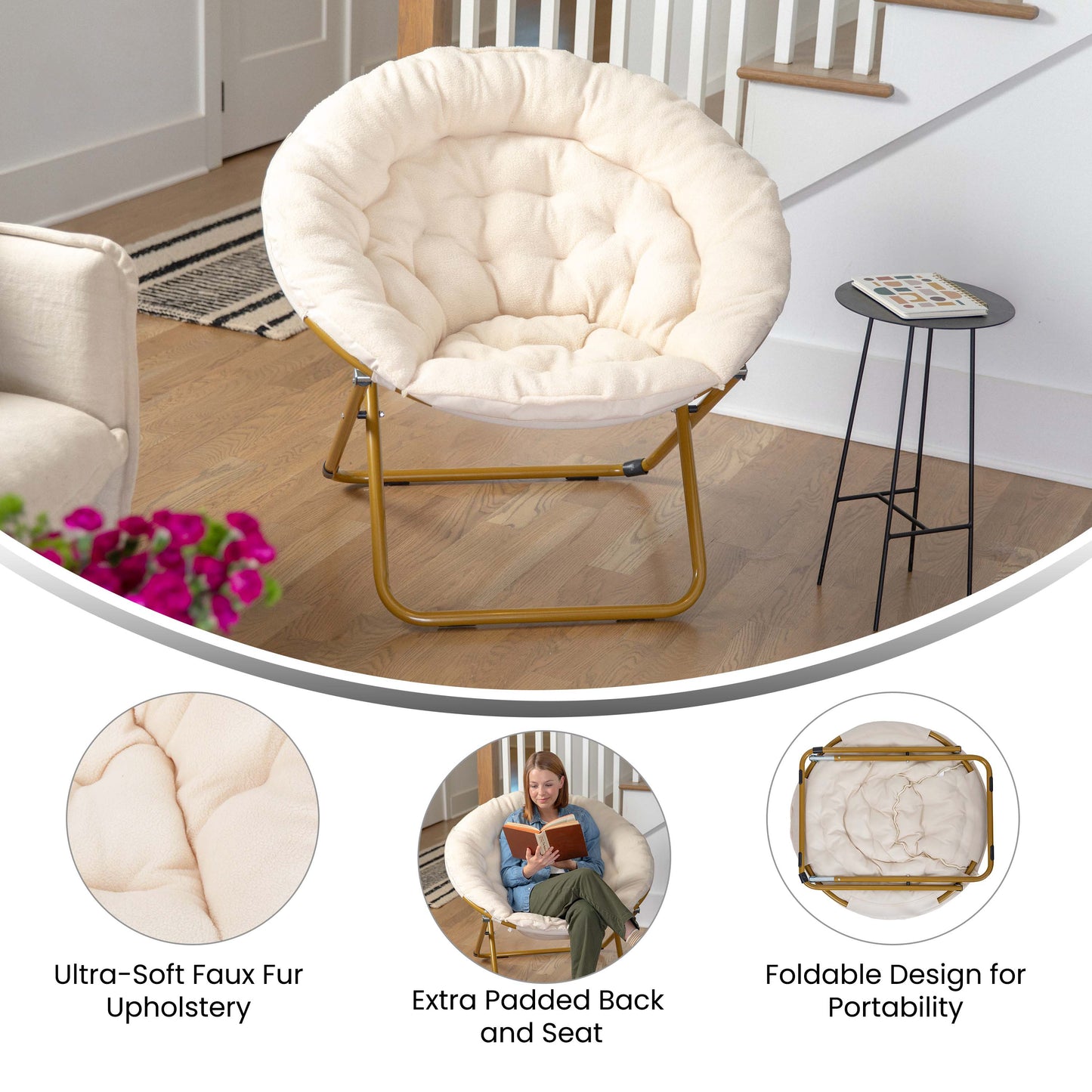 Gwen 38" Oversize Portable Faux Fur Folding Saucer Moon Chair for Dorm and Bedroom, Ivory Sherpa/Soft Gold Frame Ivory Sherpa/Soft Gold Frame