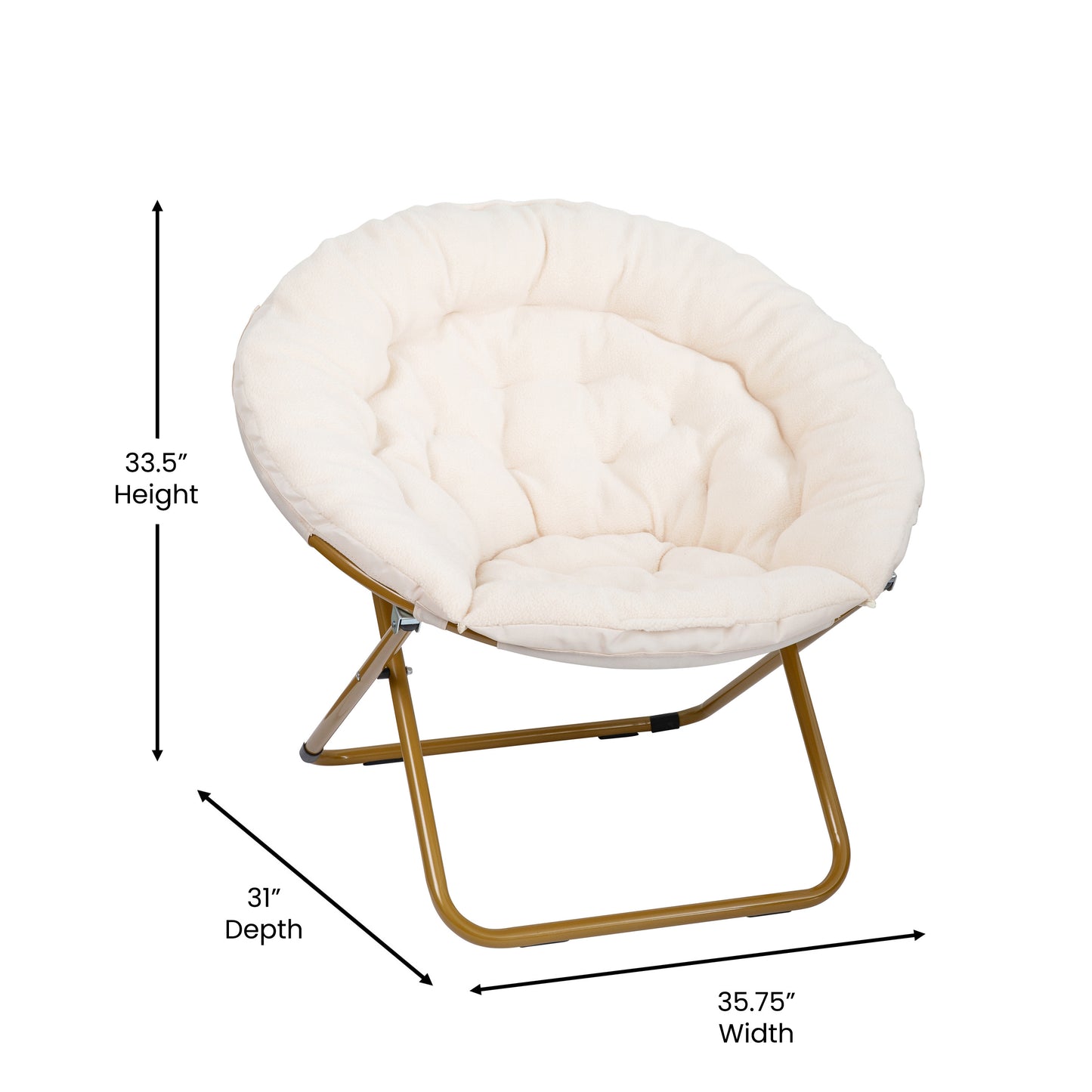 Gwen 38" Oversize Portable Faux Fur Folding Saucer Moon Chair for Dorm and Bedroom, Ivory Sherpa/Soft Gold Frame Ivory Sherpa/Soft Gold Frame