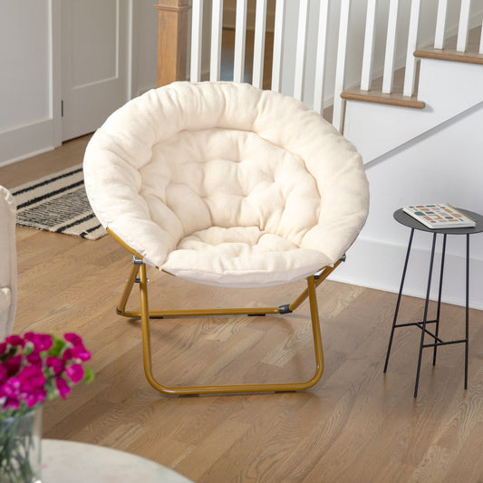 Gwen 38" Oversize Portable Faux Fur Folding Saucer Moon Chair for Dorm and Bedroom, Ivory Sherpa/Soft Gold Frame Ivory Sherpa/Soft Gold Frame