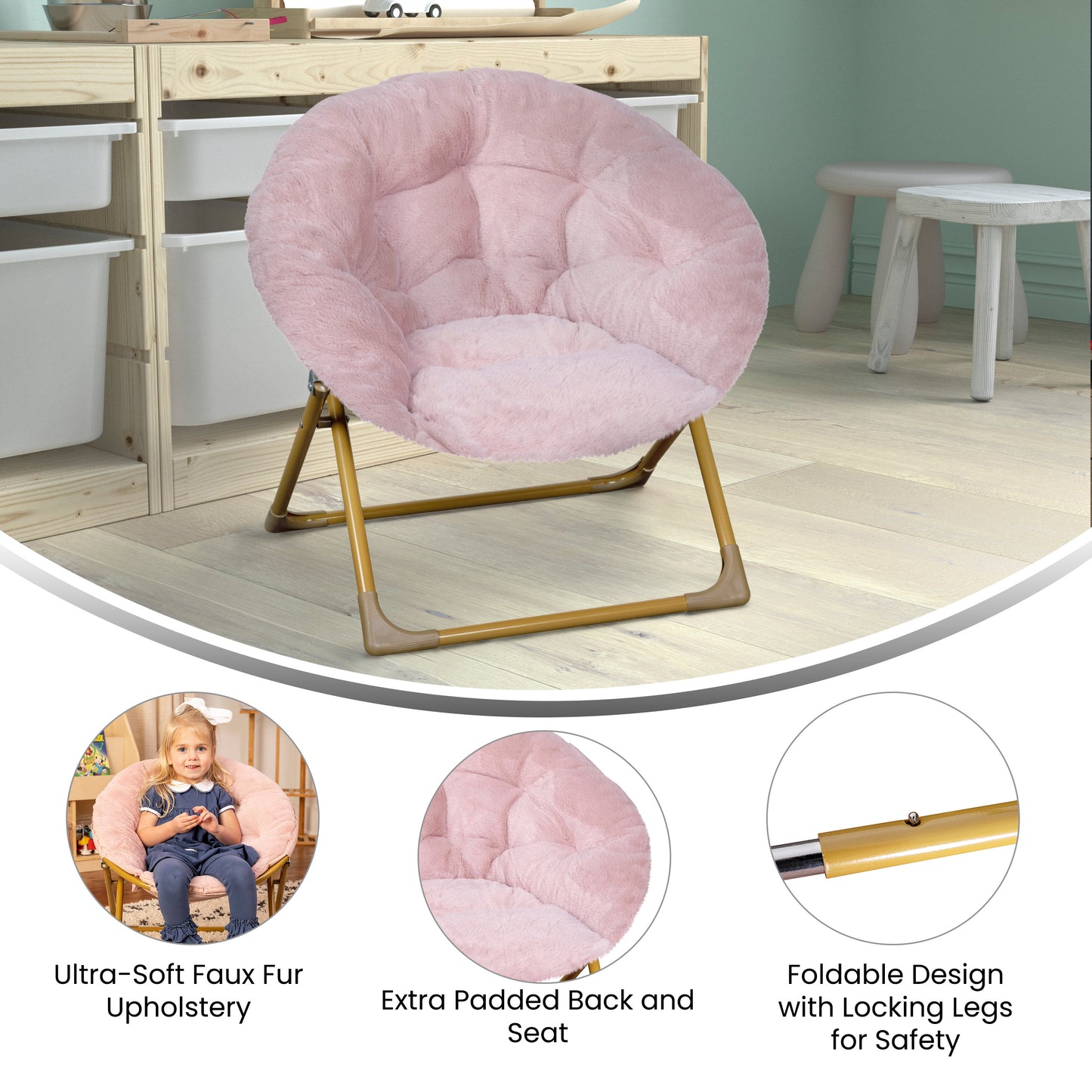 Gwen 23" Kids Cozy Mini Folding Saucer Chair, Faux Fur Moon Chair for Toddlers and Bedroom, Blush/Soft Gold Blush Faux Fur/Soft Gold Frame