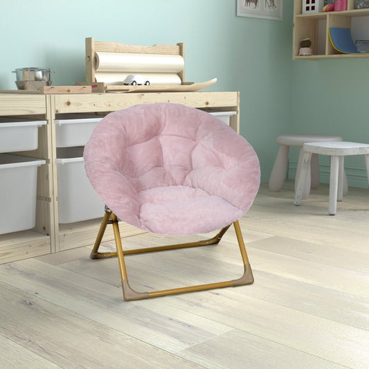 Gwen 23" Kids Cozy Mini Folding Saucer Chair, Faux Fur Moon Chair for Toddlers and Bedroom, Blush/Soft Gold Blush Faux Fur/Soft Gold Frame