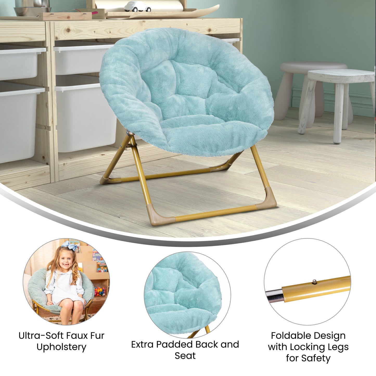 Gwen 23" Kids Cozy Mini Folding Saucer Chair, Faux Fur Moon Chair for Toddlers and Bedroom, Dusty Aqua/Soft Gold Dusty Aqua Faux Fur/Soft Gold Frame