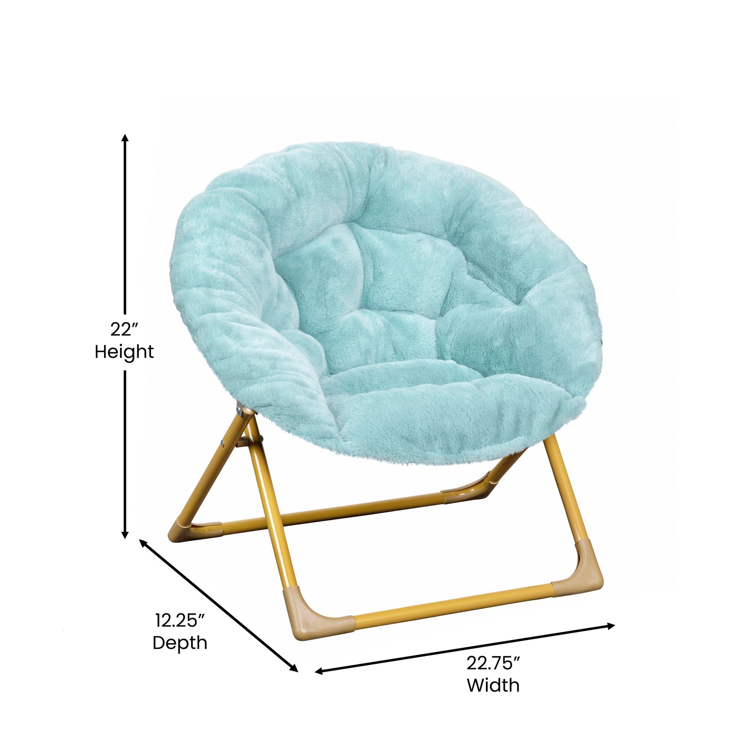 Gwen 23" Kids Cozy Mini Folding Saucer Chair, Faux Fur Moon Chair for Toddlers and Bedroom, Dusty Aqua/Soft Gold Dusty Aqua Faux Fur/Soft Gold Frame