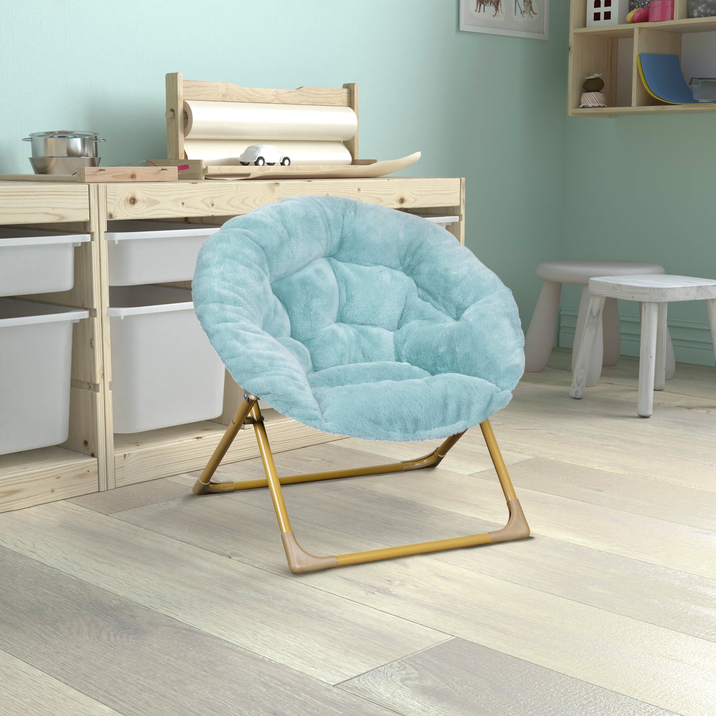 Gwen 23" Kids Cozy Mini Folding Saucer Chair, Faux Fur Moon Chair for Toddlers and Bedroom, Dusty Aqua/Soft Gold Dusty Aqua Faux Fur/Soft Gold Frame