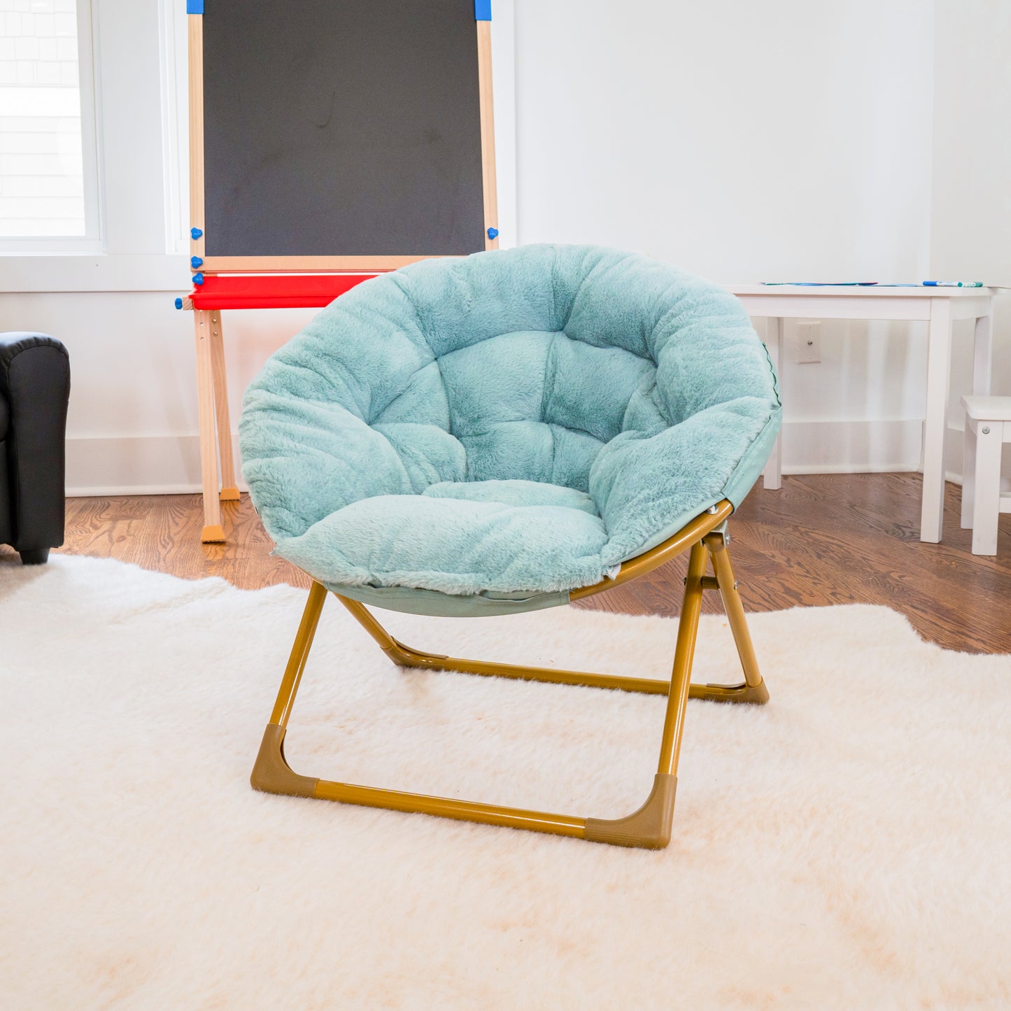 Gwen 23" Kids Cozy Mini Folding Saucer Chair, Faux Fur Moon Chair for Toddlers and Bedroom, Dusty Aqua/Soft Gold Dusty Aqua Faux Fur/Soft Gold Frame