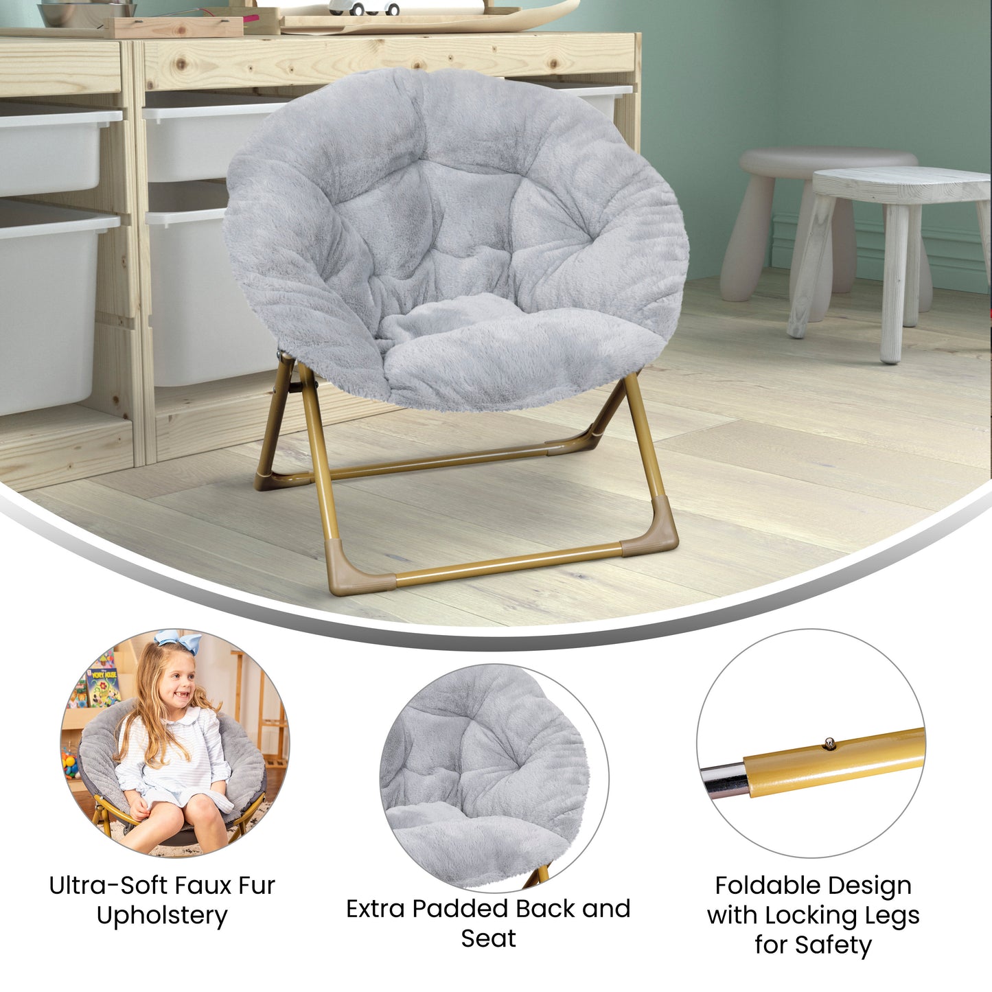 Gwen 23" Kids Cozy Mini Folding Saucer Chair, Faux Fur Moon Chair for Toddlers and Bedroom, Gray/Soft Gold Gray Faux Fur/Soft Gold Frame