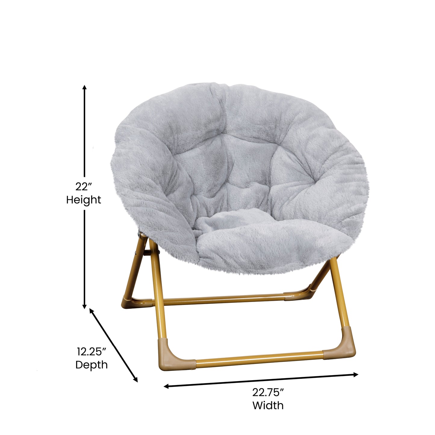 Gwen 23" Kids Cozy Mini Folding Saucer Chair, Faux Fur Moon Chair for Toddlers and Bedroom, Gray/Soft Gold Gray Faux Fur/Soft Gold Frame