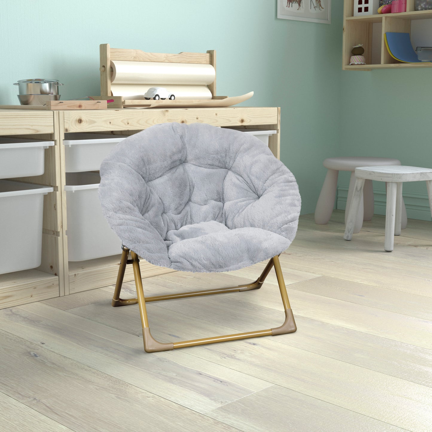 Gwen 23" Kids Cozy Mini Folding Saucer Chair, Faux Fur Moon Chair for Toddlers and Bedroom, Gray/Soft Gold Gray Faux Fur/Soft Gold Frame