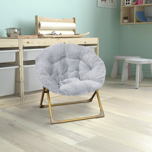 Gwen 23" Kids Cozy Mini Folding Saucer Chair, Faux Fur Moon Chair for Toddlers and Bedroom, Gray/Soft Gold Gray Faux Fur/Soft Gold Frame