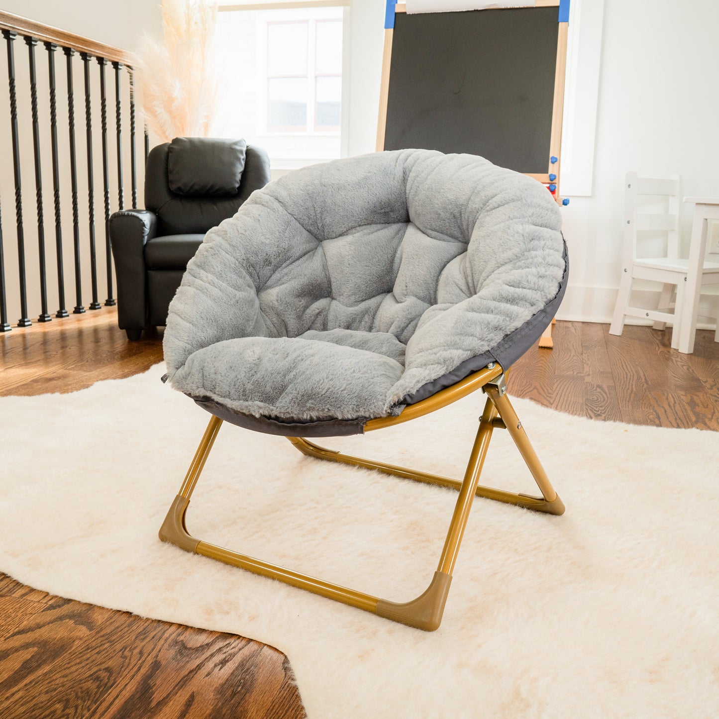 Gwen 23" Kids Cozy Mini Folding Saucer Chair, Faux Fur Moon Chair for Toddlers and Bedroom, Gray/Soft Gold Gray Faux Fur/Soft Gold Frame
