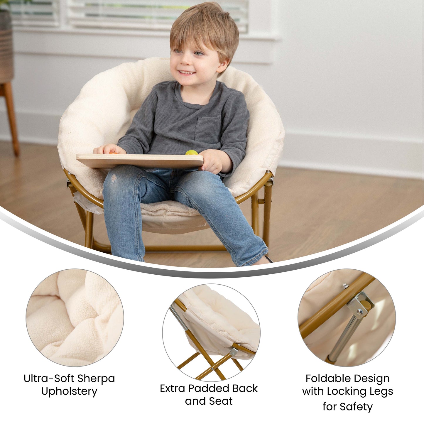 Gwen 23" Kids Cozy Mini Folding Saucer Chair, Sherpa Moon Chair for Toddlers and Bedroom, Ivory/Soft Gold Ivory Faux Fur/Soft Gold Frame