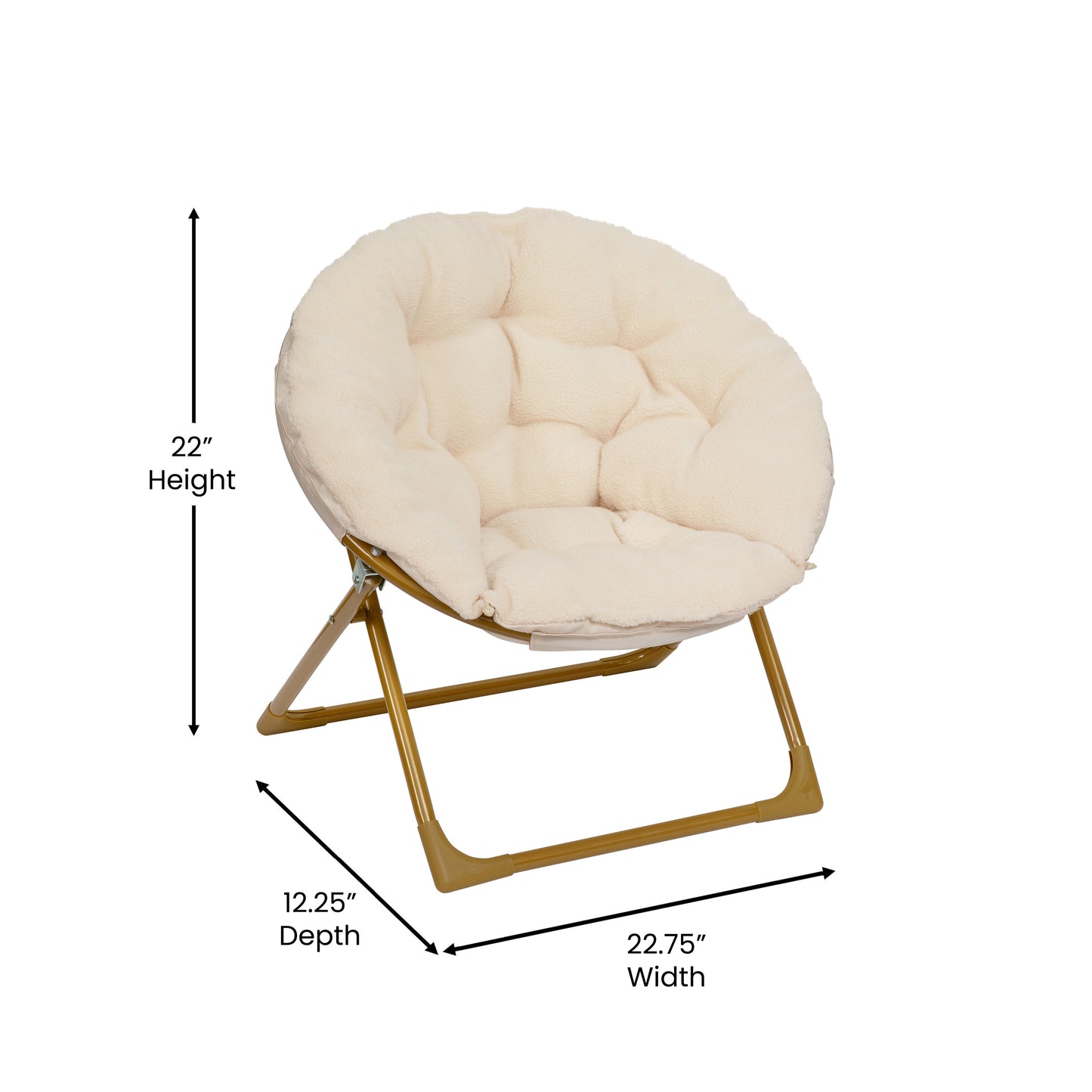 Gwen 23" Kids Cozy Mini Folding Saucer Chair, Sherpa Moon Chair for Toddlers and Bedroom, Ivory/Soft Gold Ivory Faux Fur/Soft Gold Frame