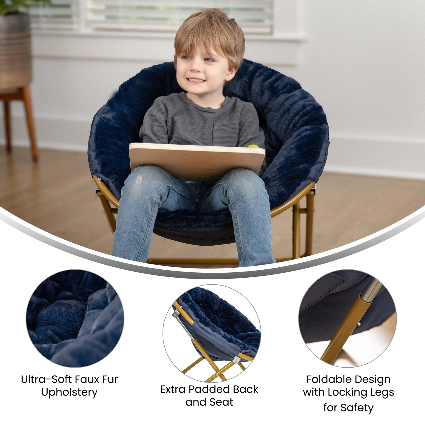 Gwen 23" Kids Cozy Mini Folding Saucer Chair, Faux Fur Moon Chair for Toddlers and Bedroom, Navy/Soft Gold Navy Faux Fur/Soft Gold Frame