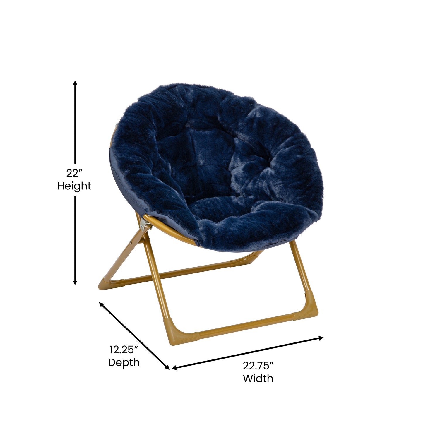Gwen 23" Kids Cozy Mini Folding Saucer Chair, Faux Fur Moon Chair for Toddlers and Bedroom, Navy/Soft Gold Navy Faux Fur/Soft Gold Frame