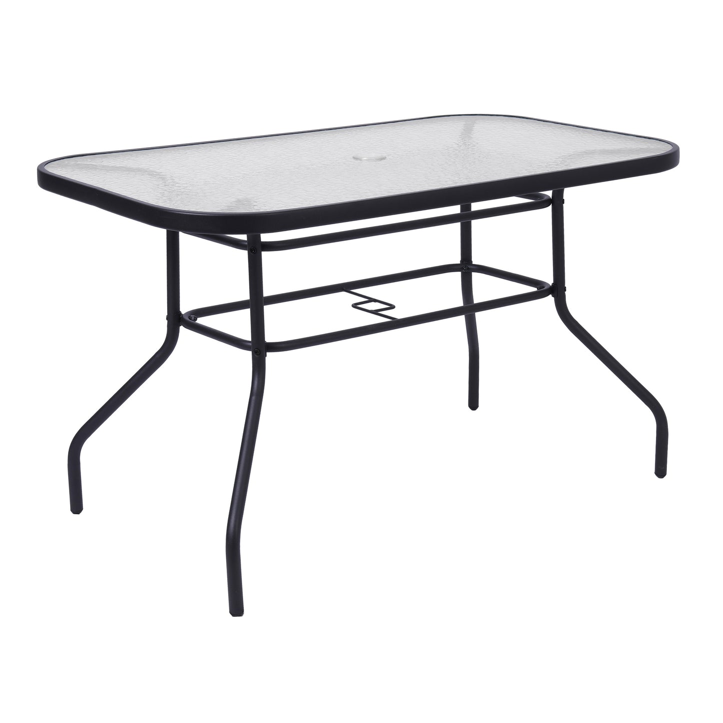 Tory Commercial Grade 27.5" x 47.25" Rectangular Patio Table with Tempered Glass Top with Umbrella Hole and Steel Tube Frame in Black Clear Top/Black Frame